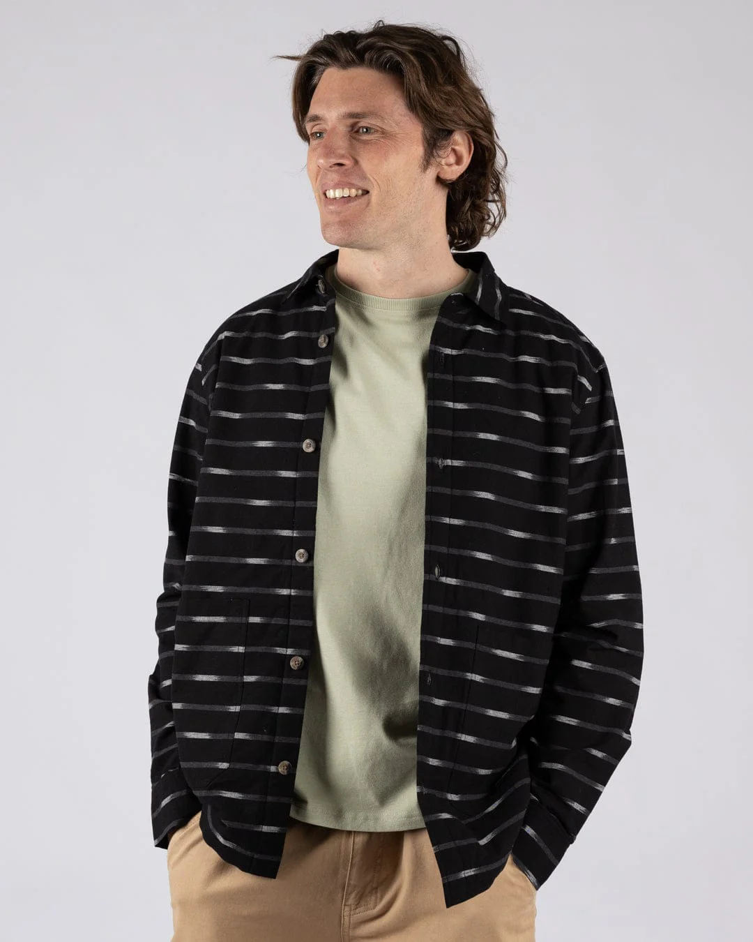 Ammar Mens Sherpa Lined Shirt in Grey Stripe - Image 10