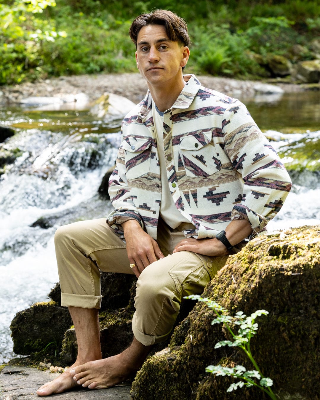Asher Mens Jacquard Shirt in Cream - Image 5