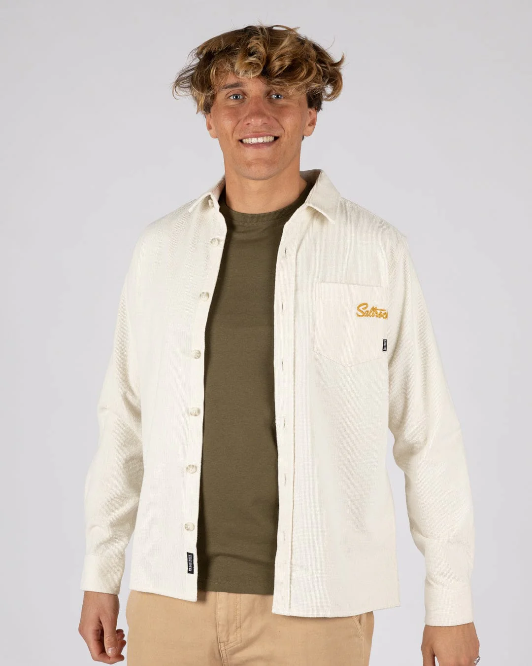 Ballito Mens Long Sleeve Waffle Cord Shirt in White - Image 3