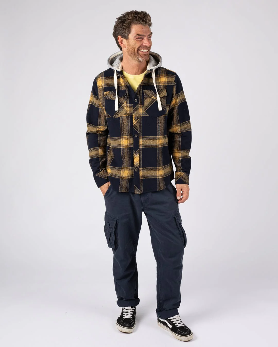Beale Mens Hooded Check Shirt in Yellow/Blue - Image 10