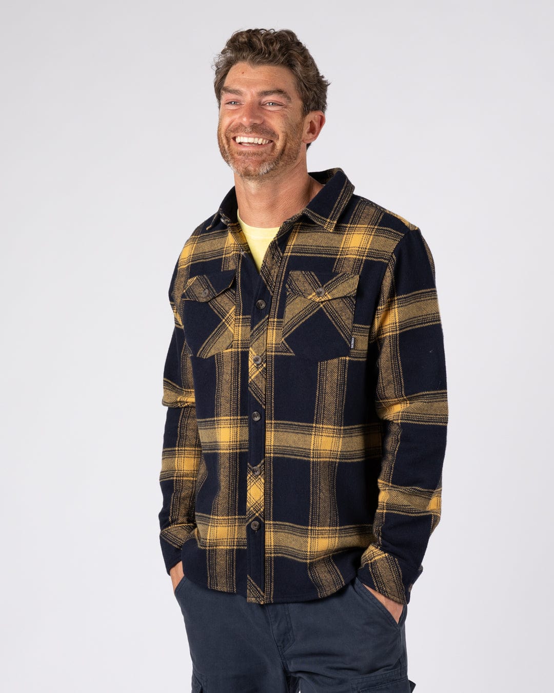 Beale Mens Hooded Check Shirt in Yellow/Blue - Image 2