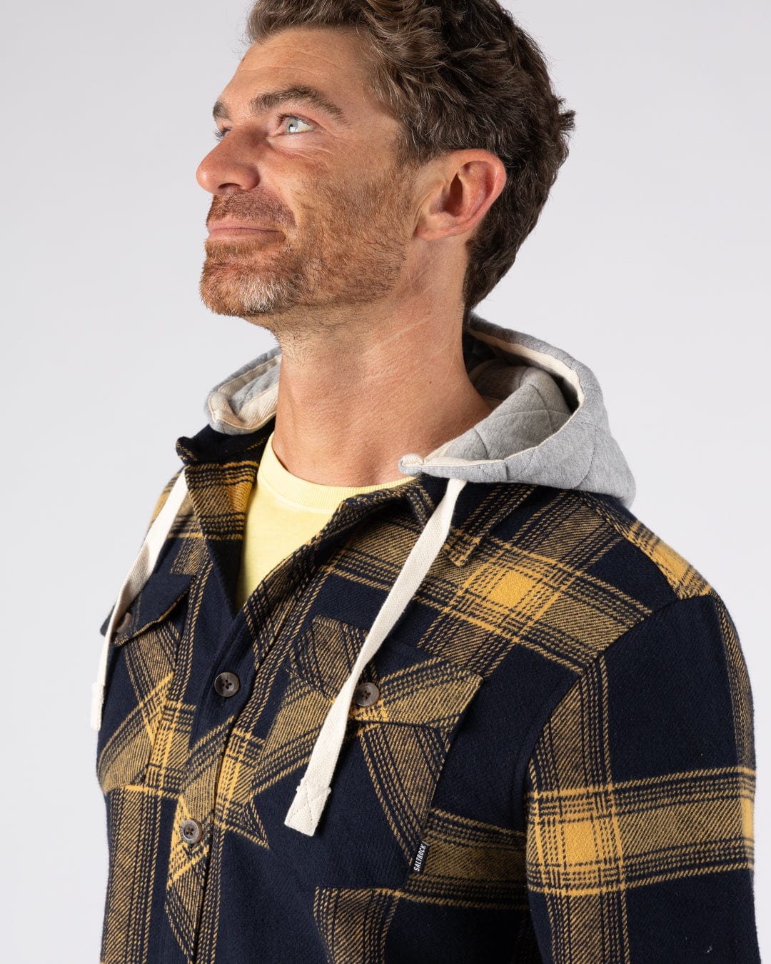 Beale Mens Hooded Check Shirt in Yellow/Blue - Image 3