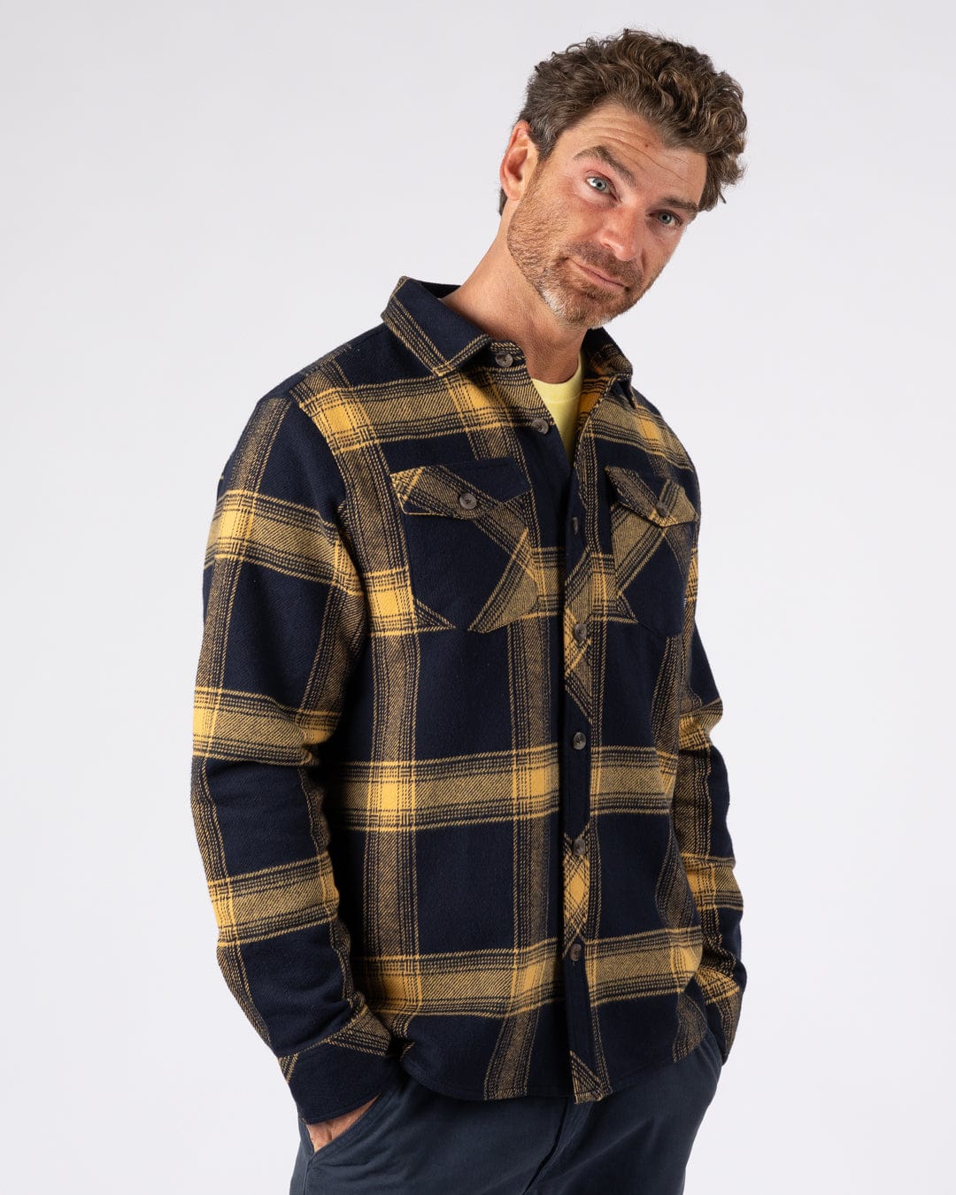 Beale Mens Hooded Check Shirt in Yellow/Blue - Image 6