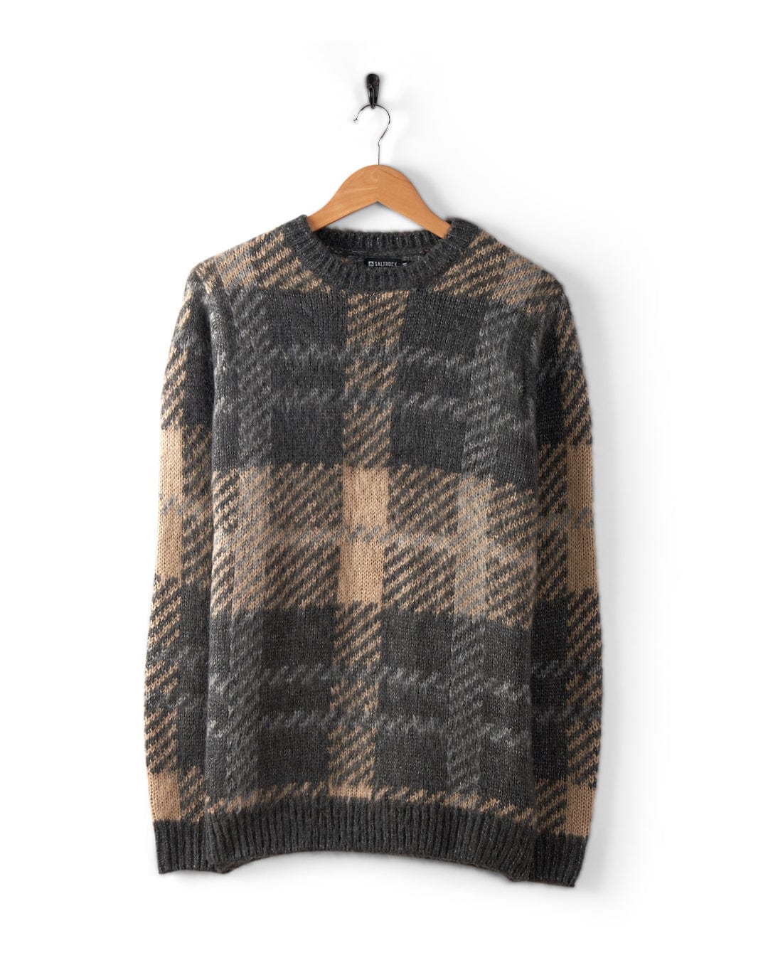 Checked Mens Oversized Check Knitted Jumper in Grey - Image 3
