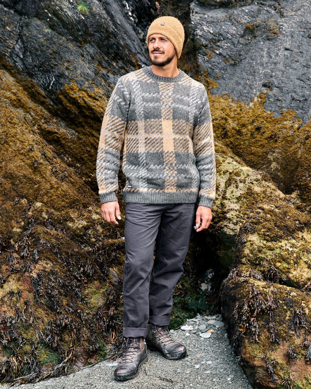 Checked Mens Oversized Check Knitted Jumper in Grey - Image 8