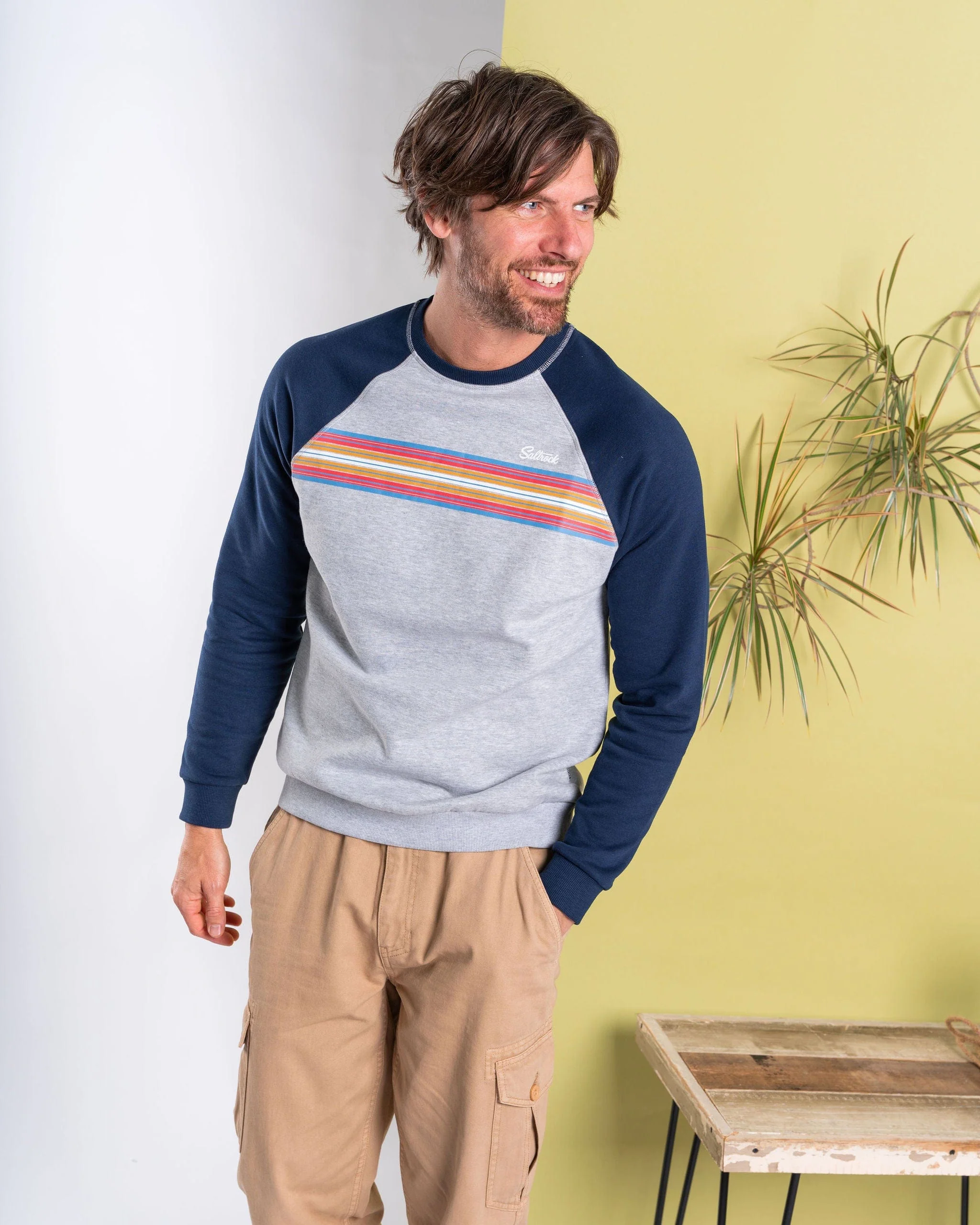 Classic Stripe Mens Raglan Sweat in Blue/Grey - Image 4
