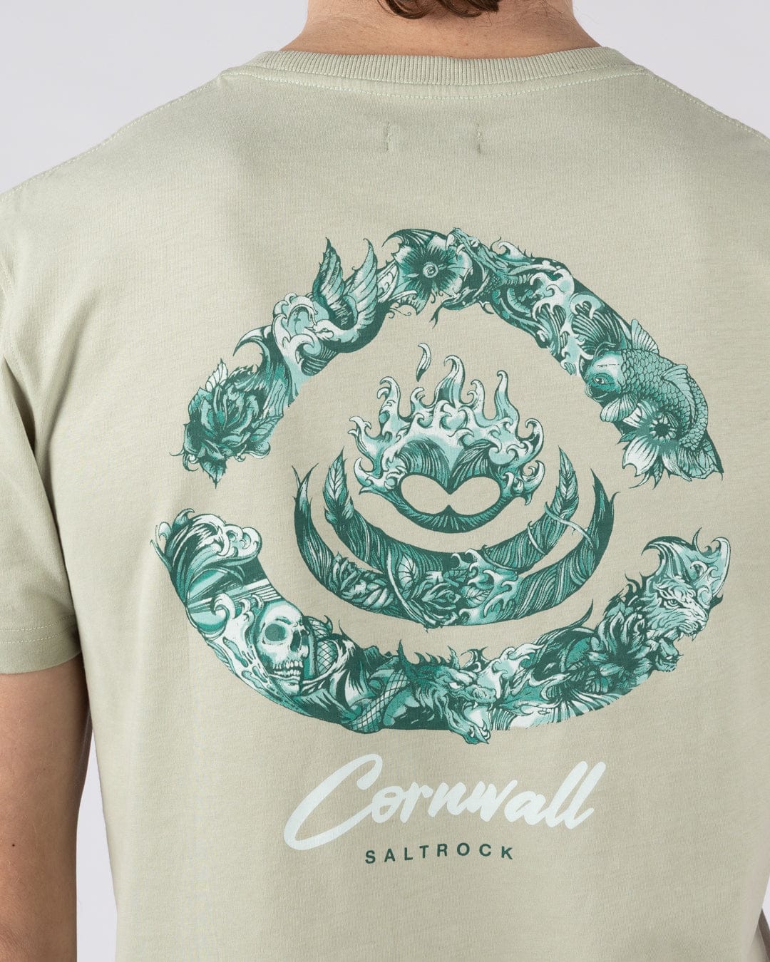 Deep Sea Flame Cornwall Mens Short Sleeve T-Shirt in Light Green - Image 2