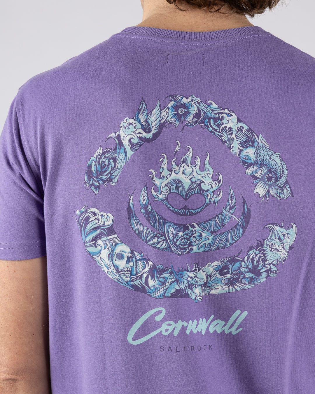 Deep Sea Flame Cornwall Mens Short Sleeve T-shirt in Purple - Image 3