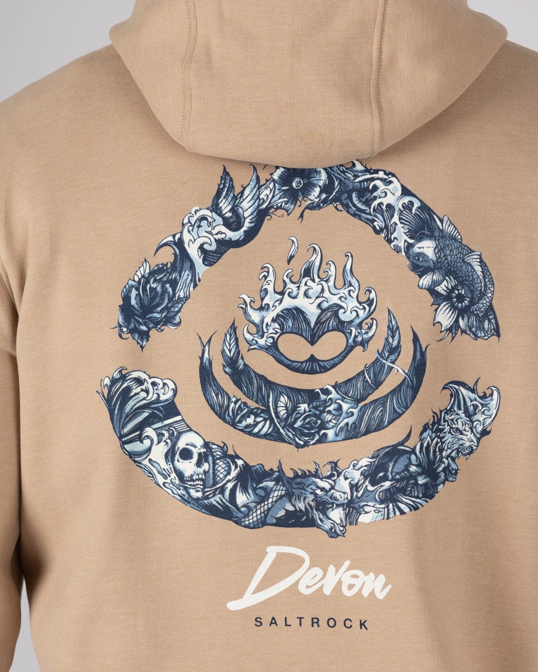 Deep Sea Flame Devon Mens Pop Hoodie in Beige - Image 2