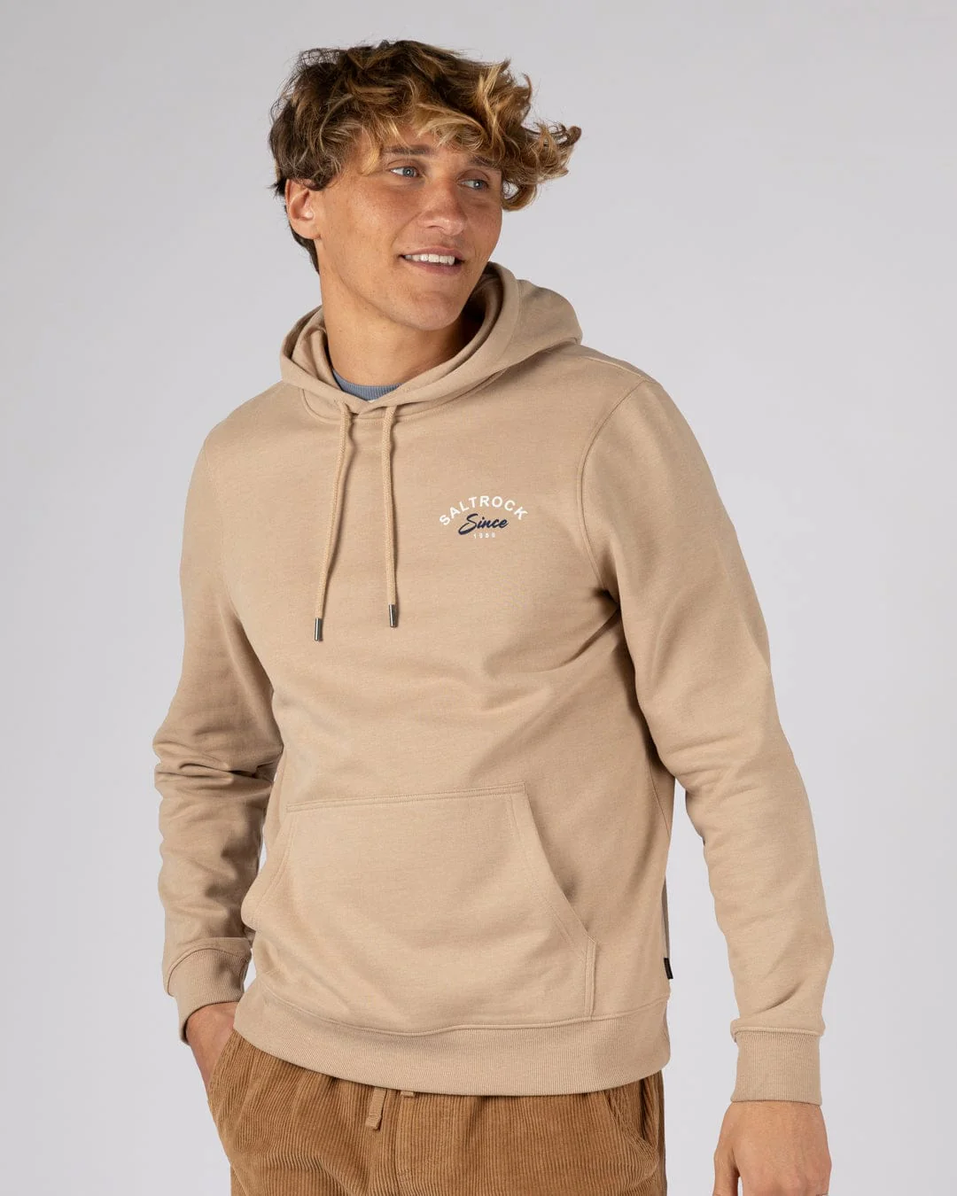 Deep Sea Flame Devon Mens Pop Hoodie in Beige - Image 3