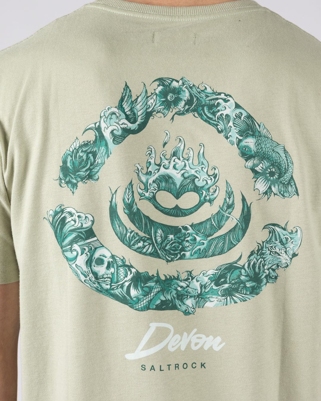 Deep Sea Flame Devon  Mens Short Sleeve T-shirt in Light Green - Image 2