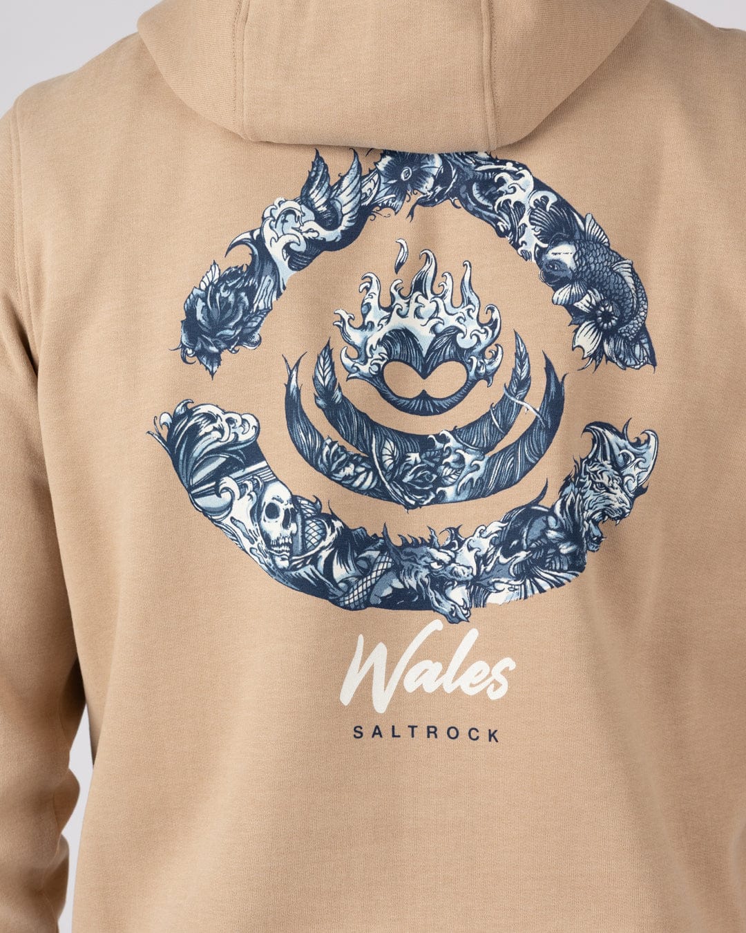 Deep Sea Flame Wales Mens Pop Hoodie in Beige - Image 2