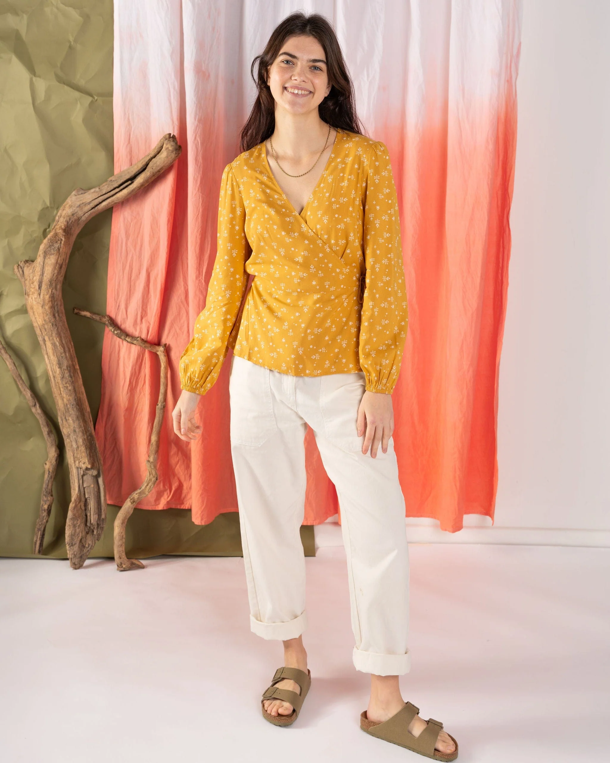Drew Womens Ditsy Floral Wrap Blouse in Yellow - Image 10