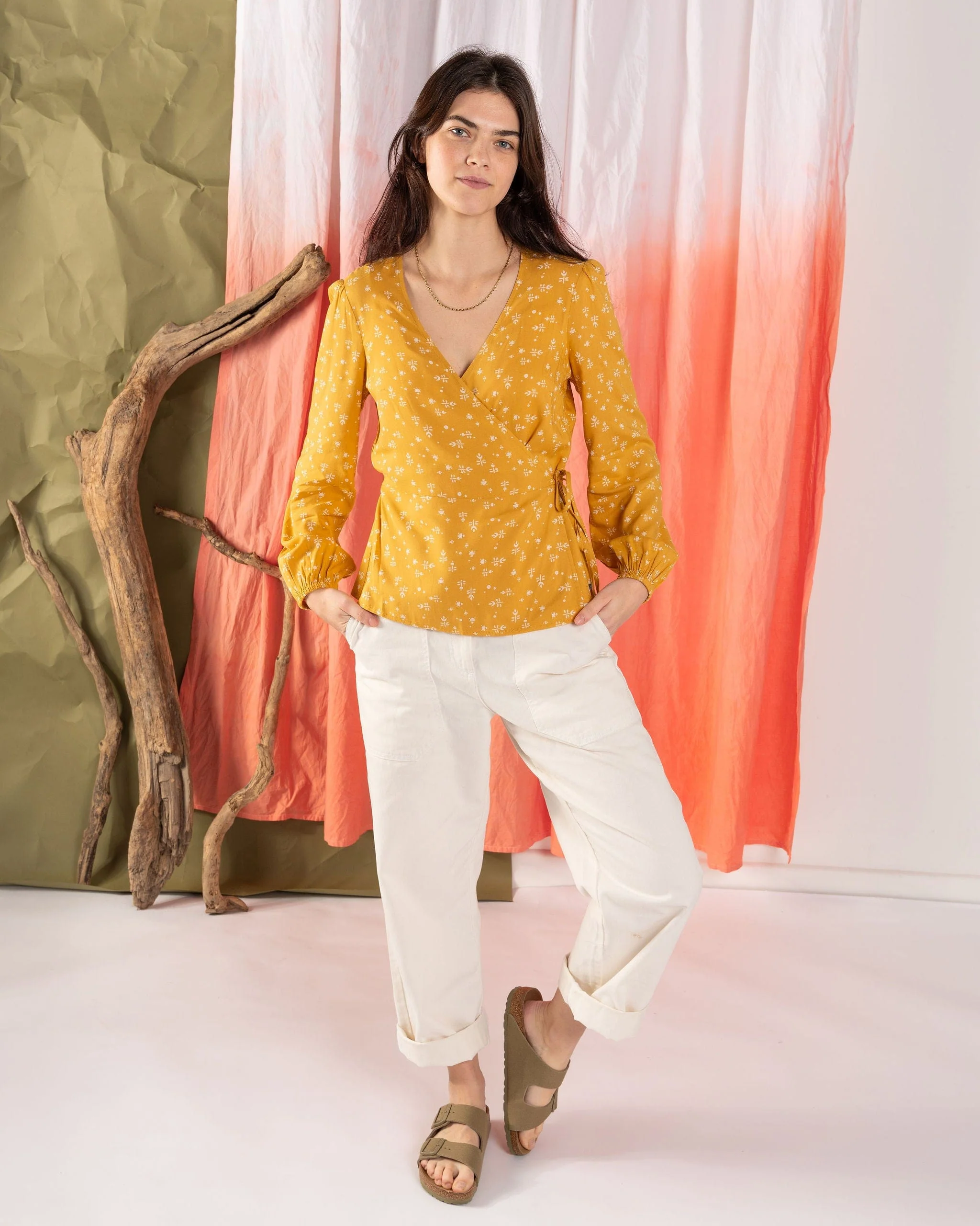 Drew Womens Ditsy Floral Wrap Blouse in Yellow - Image 13