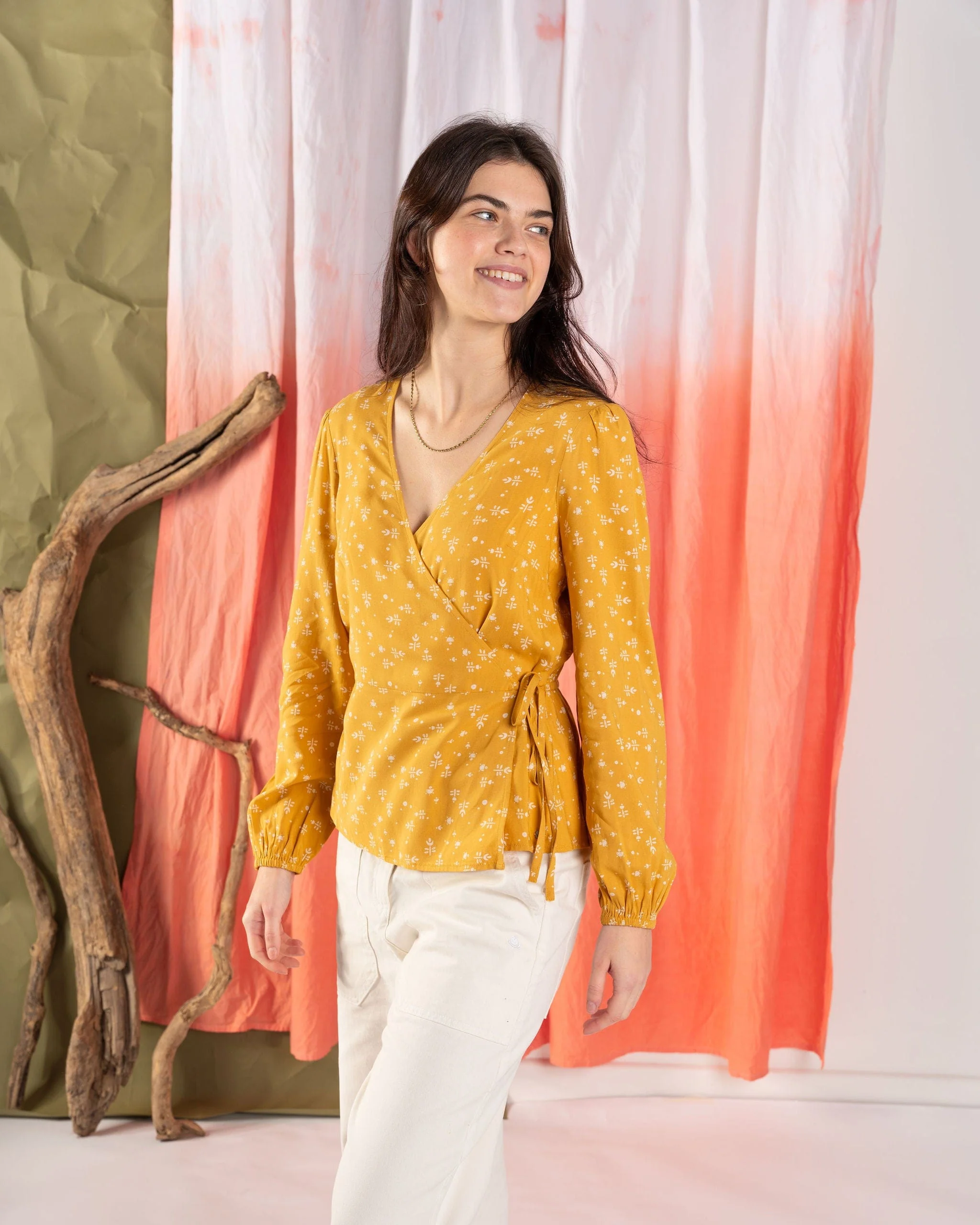 Drew Womens Ditsy Floral Wrap Blouse in Yellow - Image 4