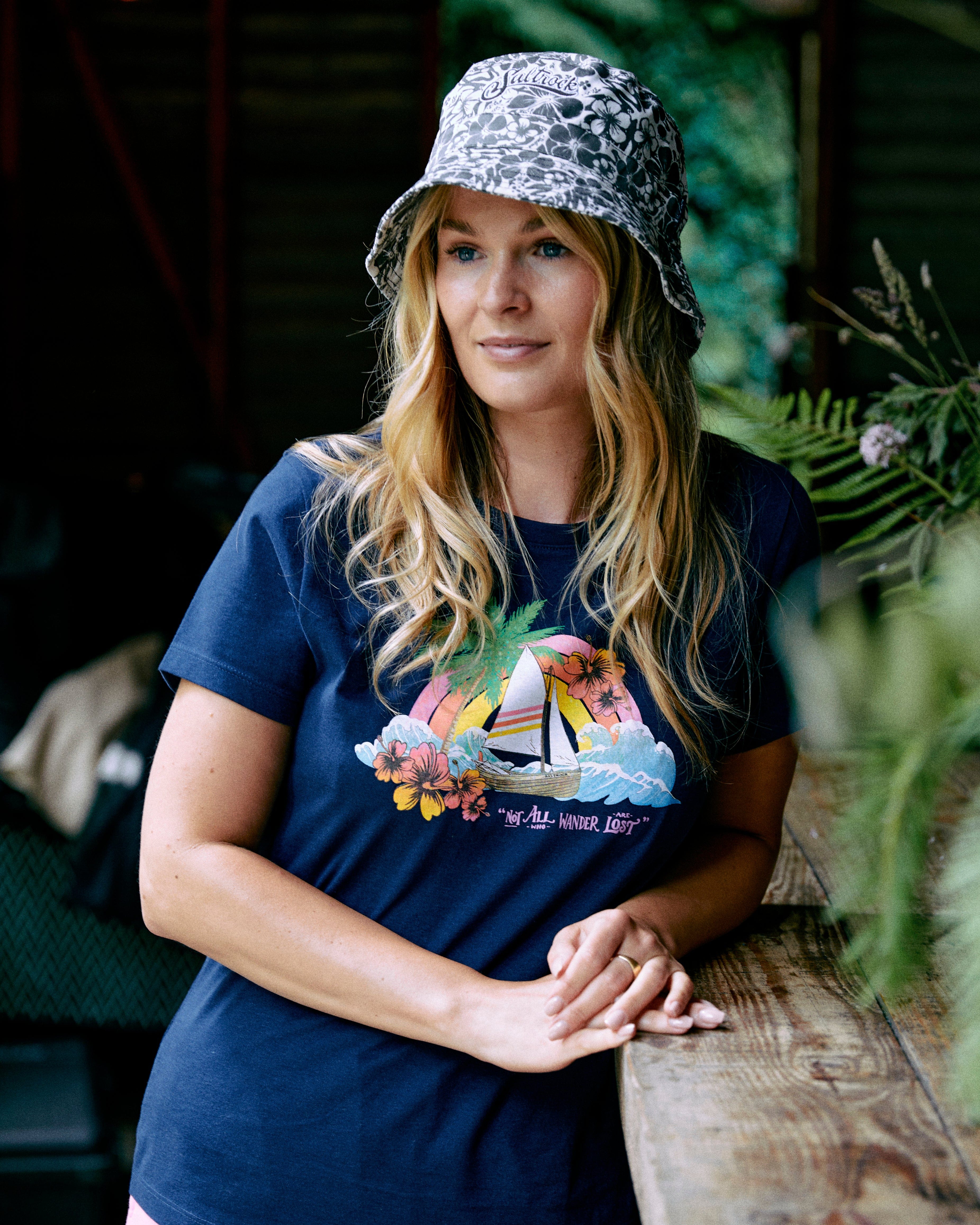 Floral Lost Ships Womens T-Shirt in Blue - Image 2