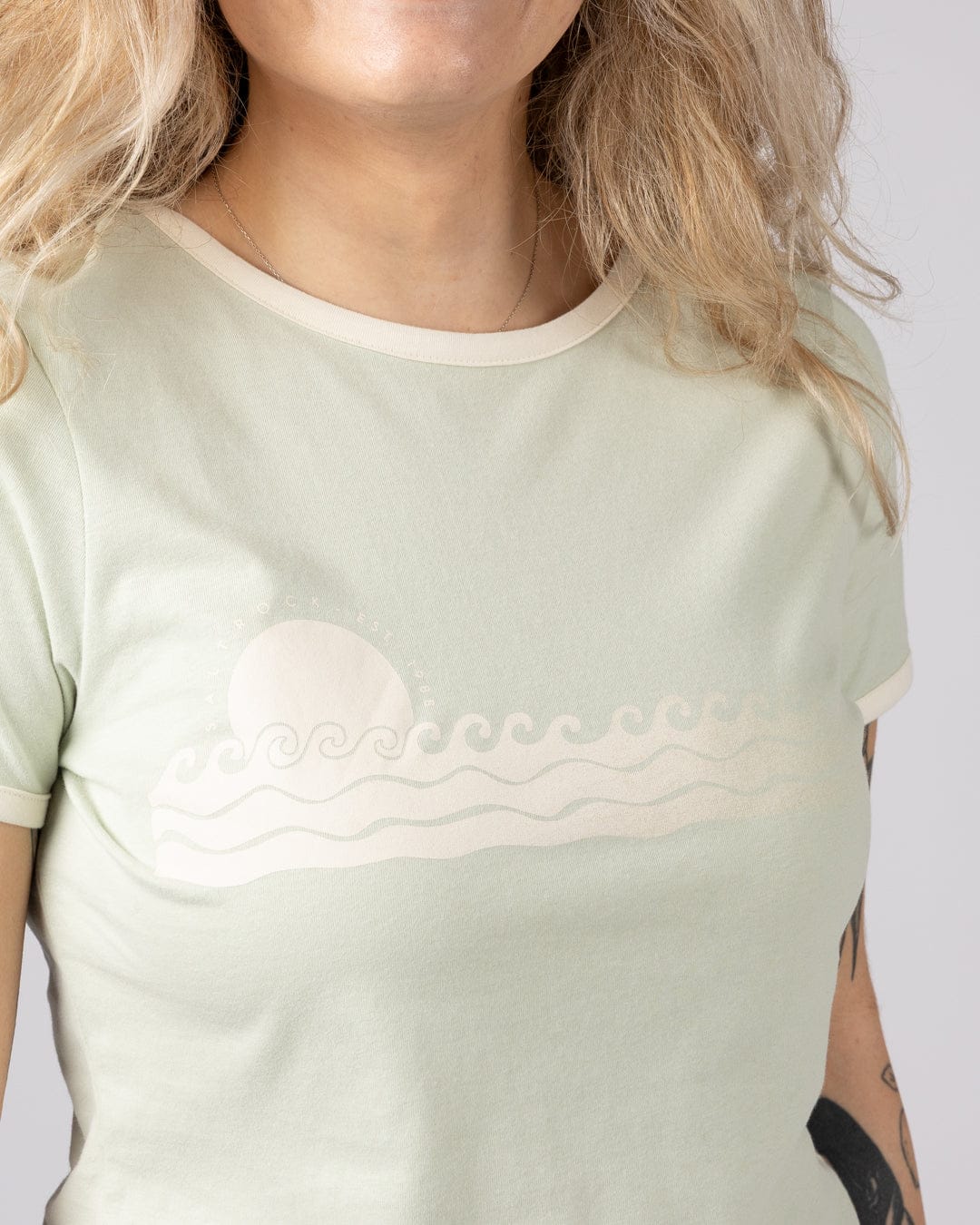Golden Hour Womens Short Sleeve Ringer T-Shirt in Light Green - Image 3
