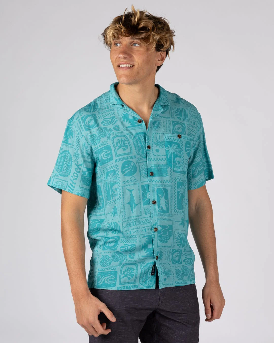 Heritage Tiles Mens Short Sleeve Shirt in Blue - Image 5
