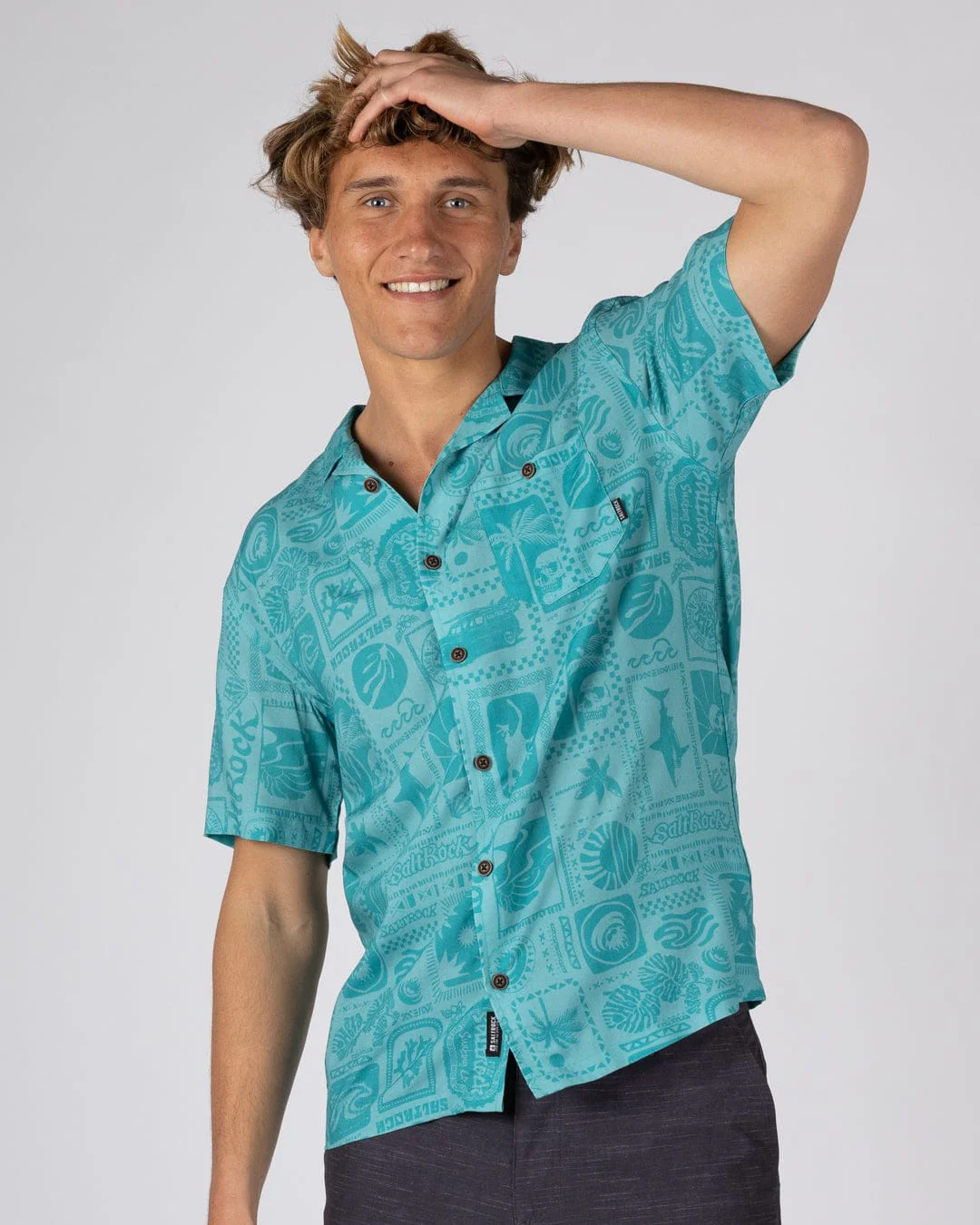 Heritage Tiles Mens Short Sleeve Shirt in Blue - Image 6