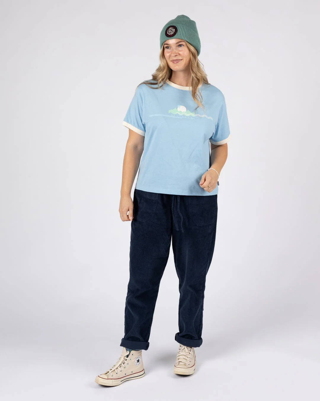 Horizon Stripe  Womens Oversized Short Sleeve T-Shirt in Light Blue - Image 5