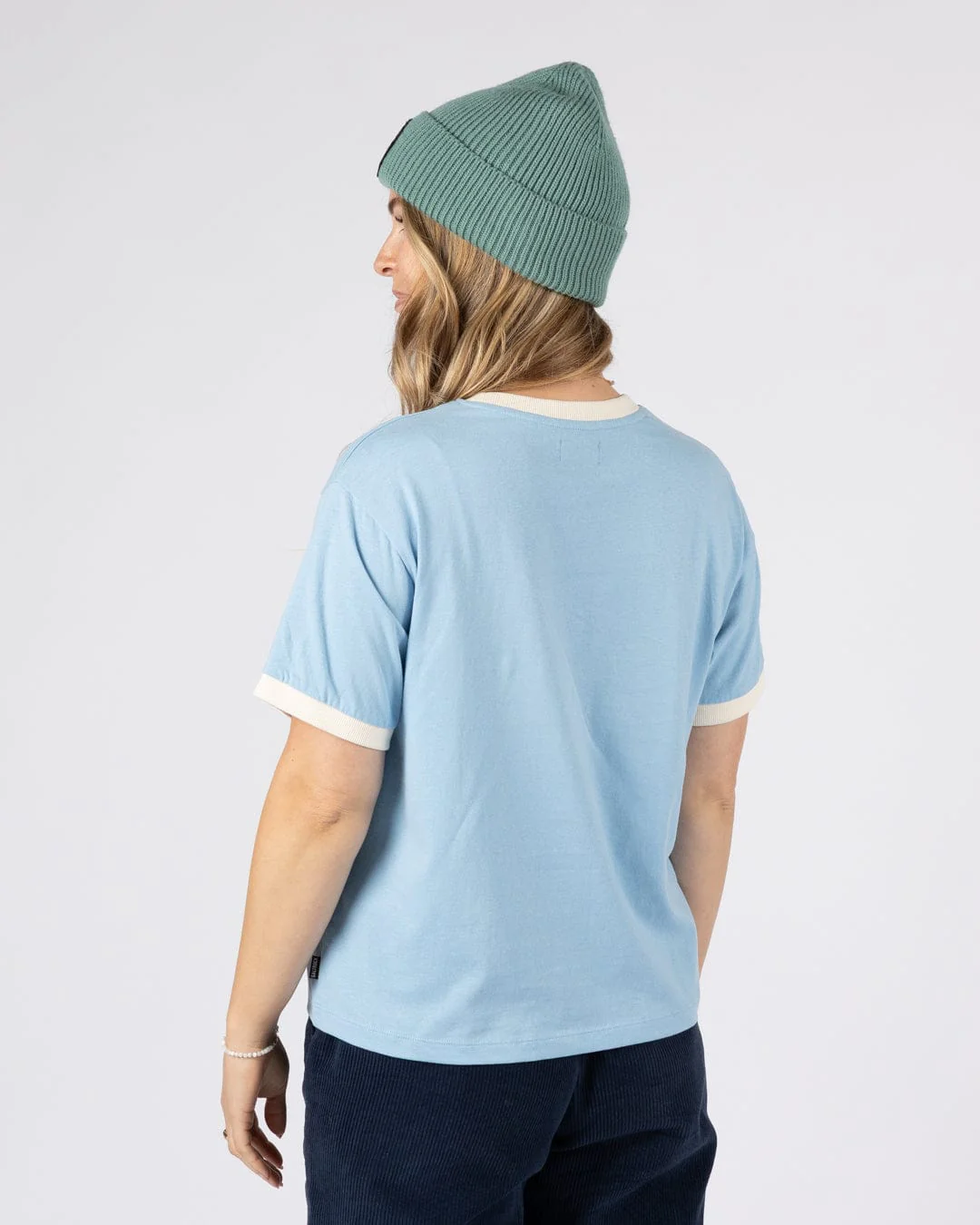 Horizon Stripe  Womens Oversized Short Sleeve T-Shirt in Light Blue - Image 6