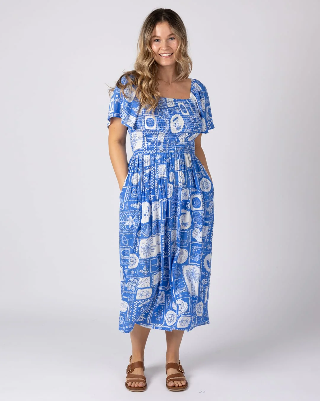 Island Tile Womens Midi Dress in Bright Blue - Image 5