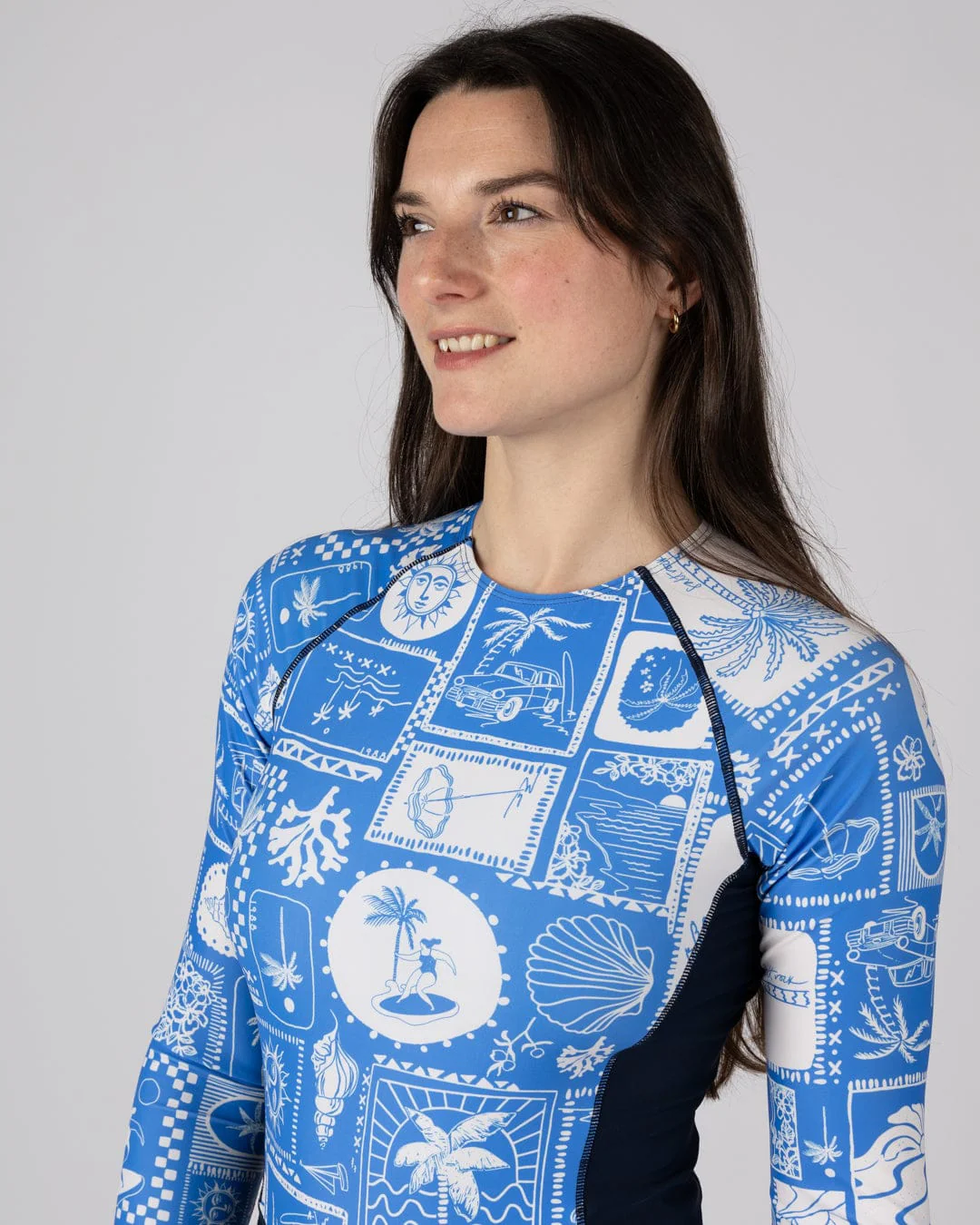 Island Tiles Womens Long Sleeve Swimsuit in Blue - Image 5