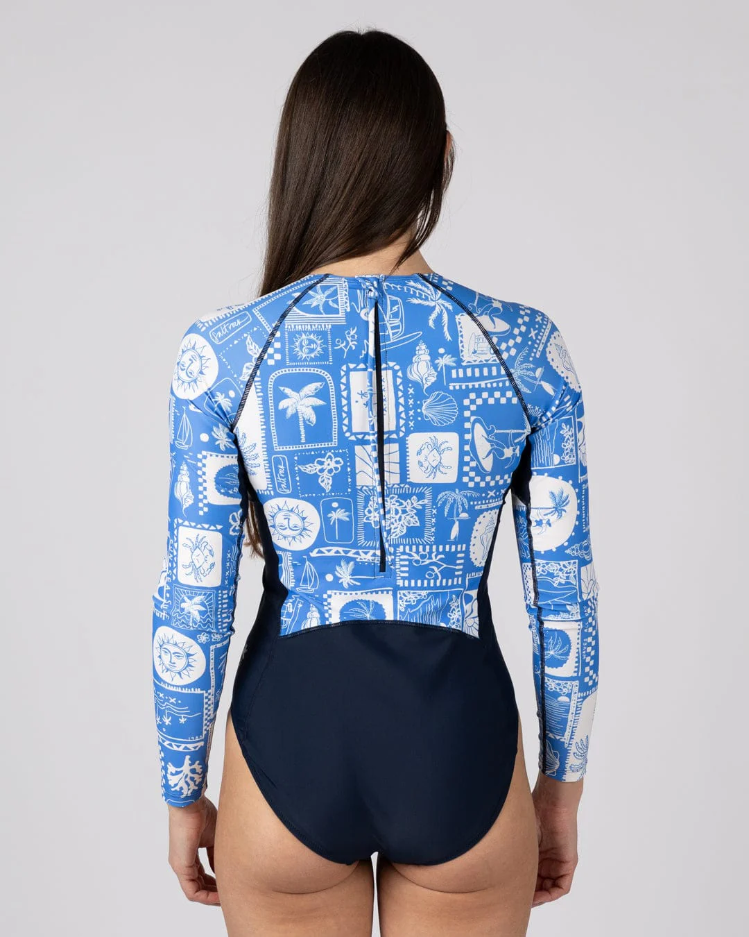 Island Tiles Womens Long Sleeve Swimsuit in Blue - Image 8