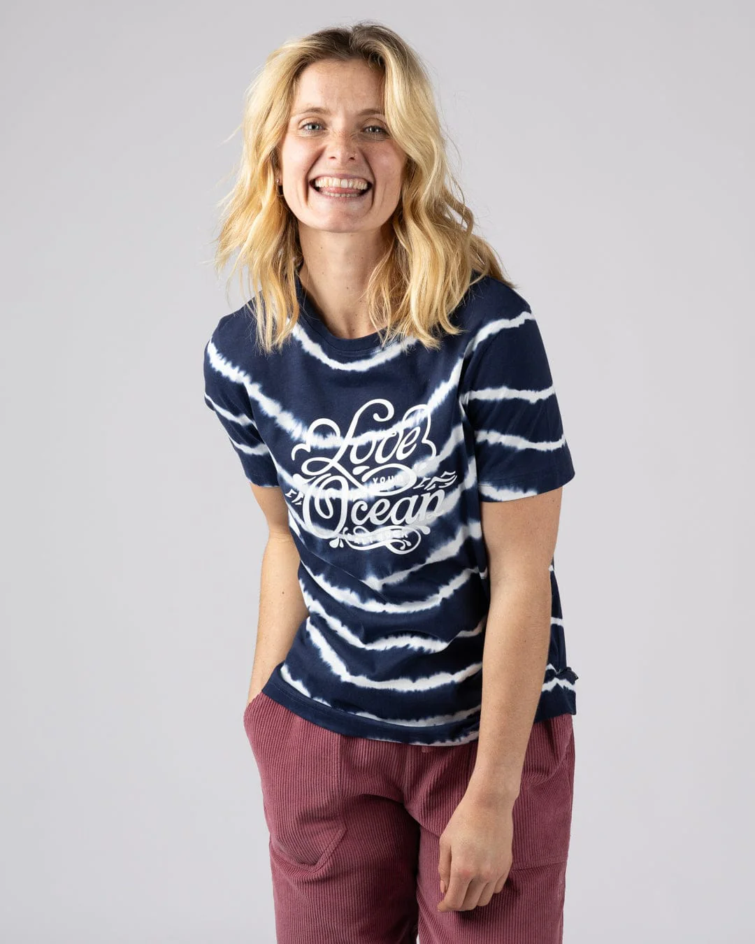 Love Your Ocean Womens Tie Dye Short Sleeve T-Shirt in Blue/White - Image 3