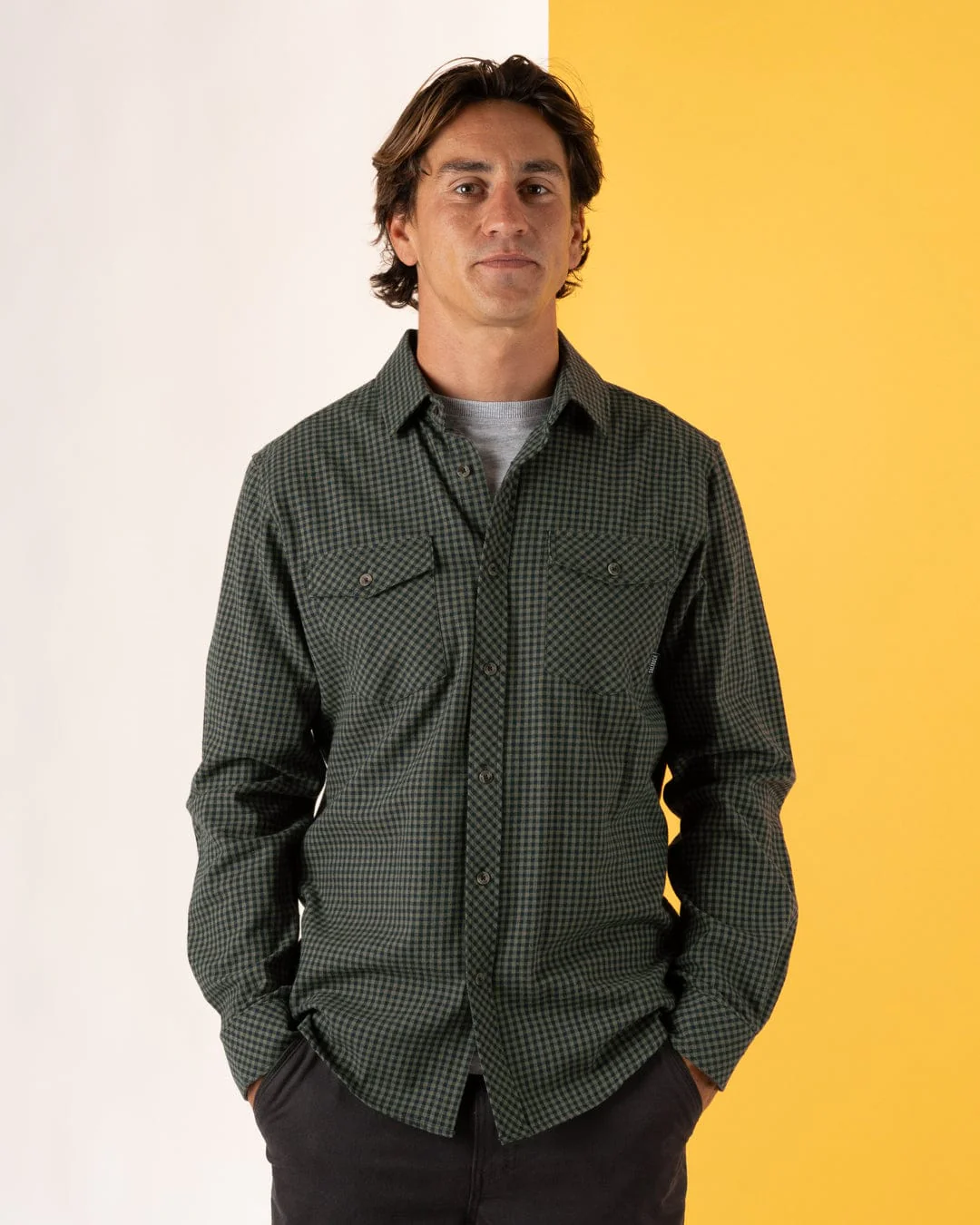 Miles Mens Flannel Shirt in Green/Navy Check