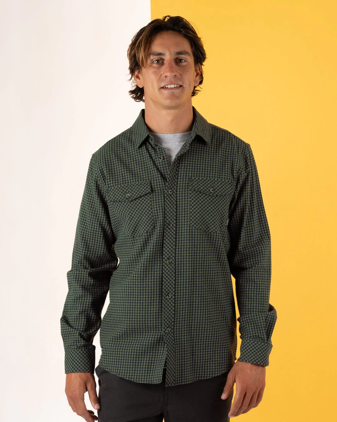 Miles Mens Flannel Shirt in Green/Navy Check - Image 3