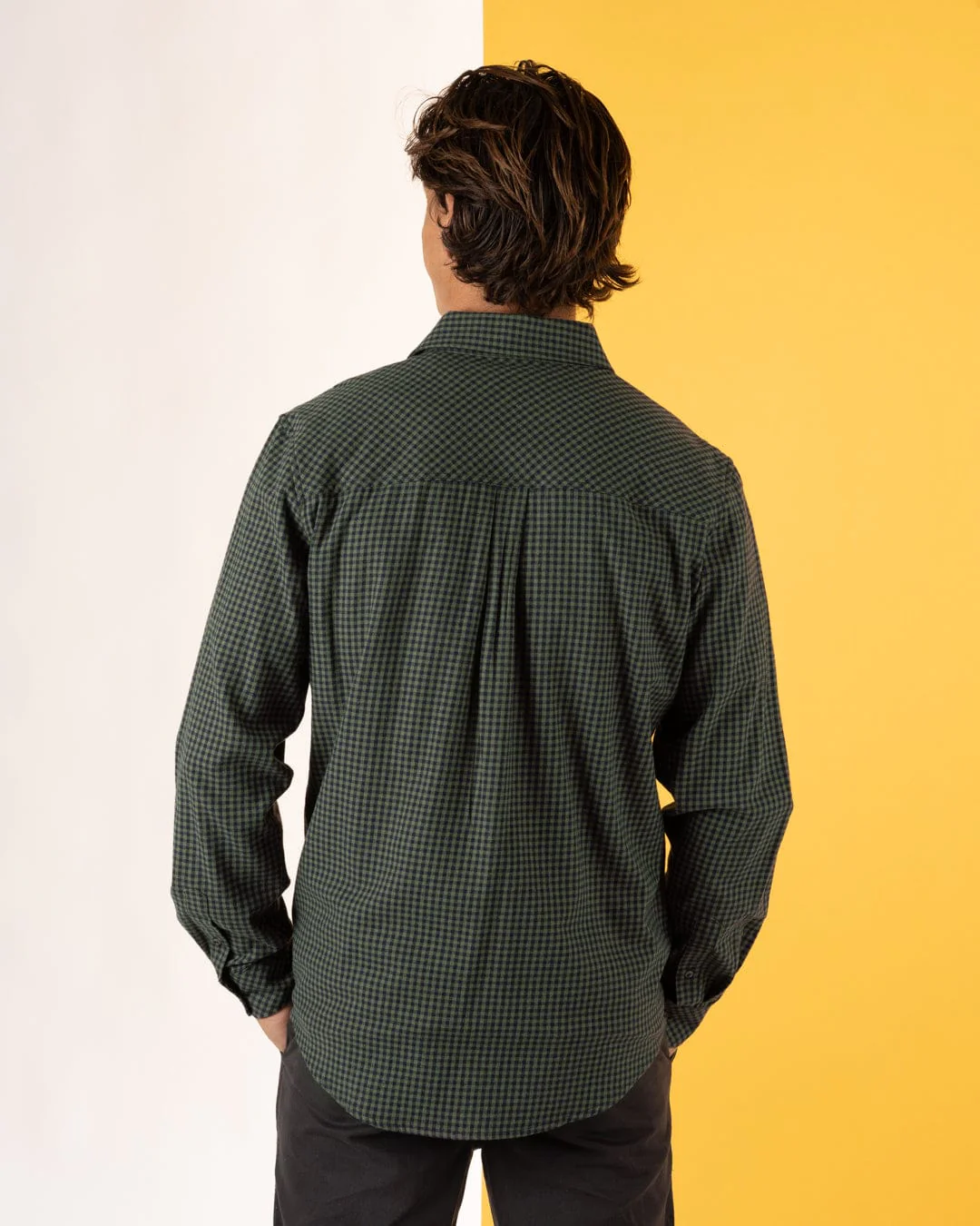 Miles Mens Flannel Shirt in Green/Navy Check - Image 4