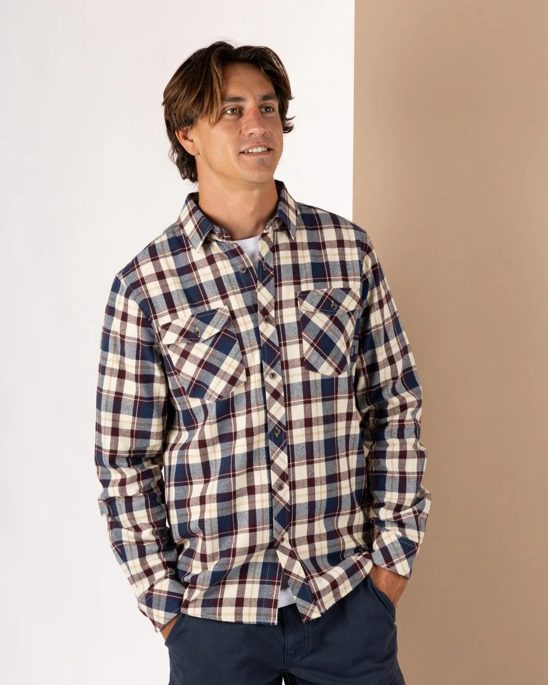 Miles Mens Flannel Shirt in Purple Check - Image 2