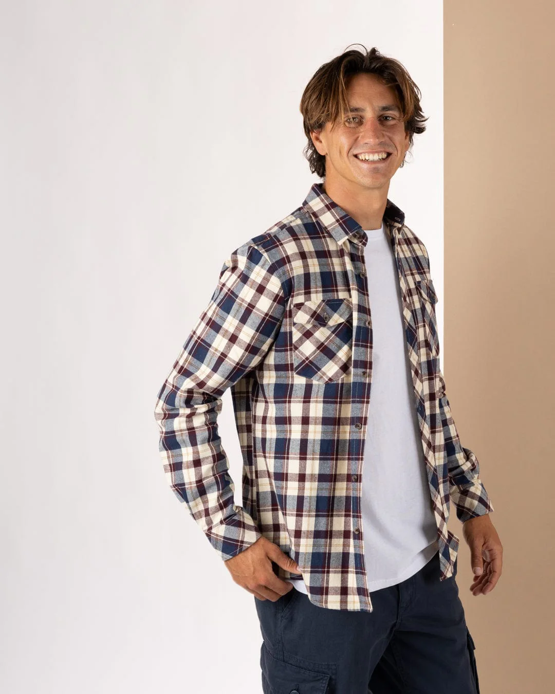 Miles Mens Flannel Shirt in Purple Check - Image 3