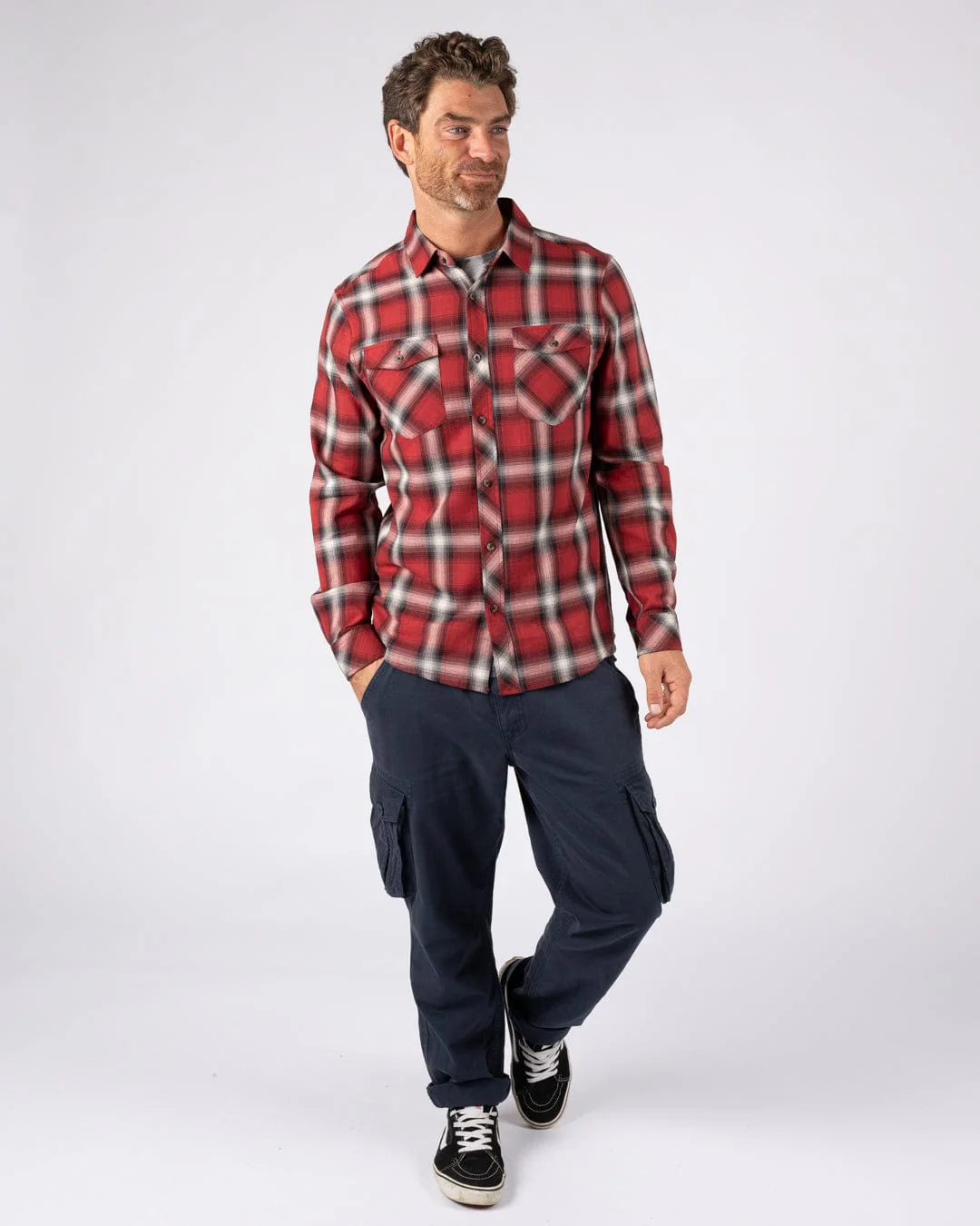 Miles Mens Flannel Shirt in Dark Red - Image 3
