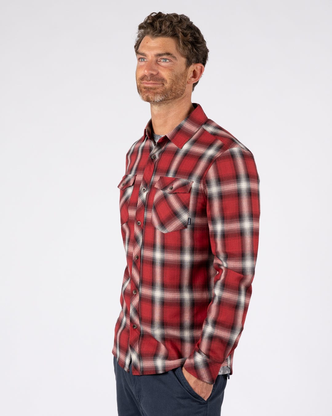 Miles Mens Flannel Shirt in Dark Red - Image 4