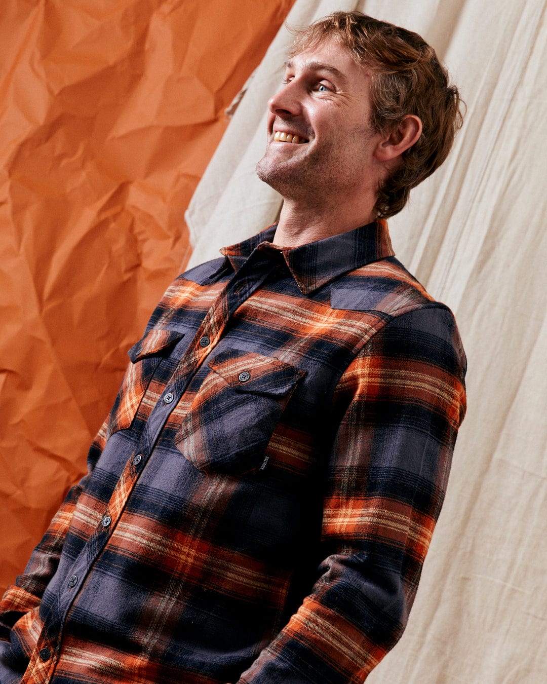 Miles Mens Check Flannel Shirt in Orange - Image 2
