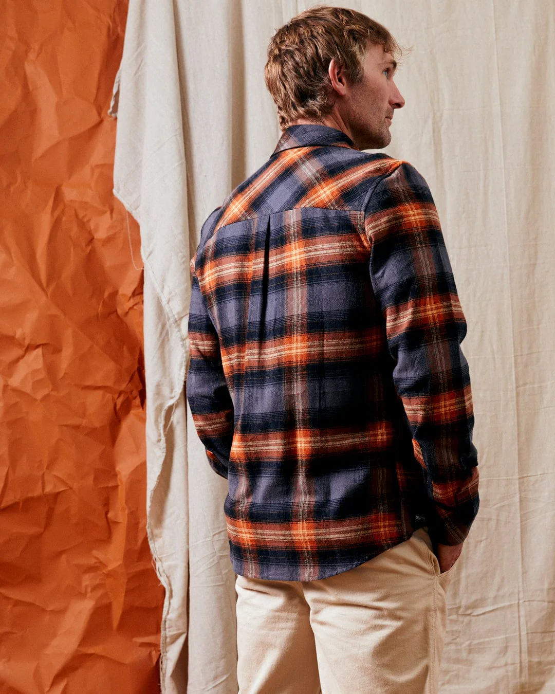Miles Mens Check Flannel Shirt in Orange - Image 4