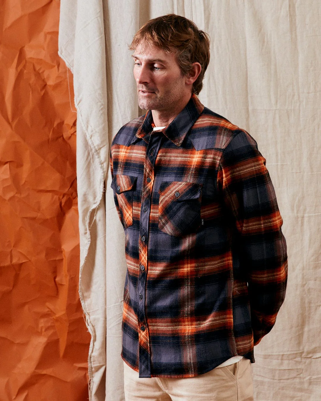 Miles Mens Check Flannel Shirt in Orange - Image 6