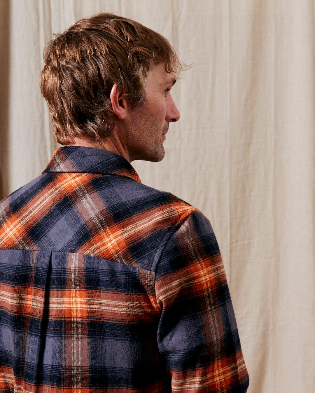 Miles Mens Check Flannel Shirt in Orange - Image 8