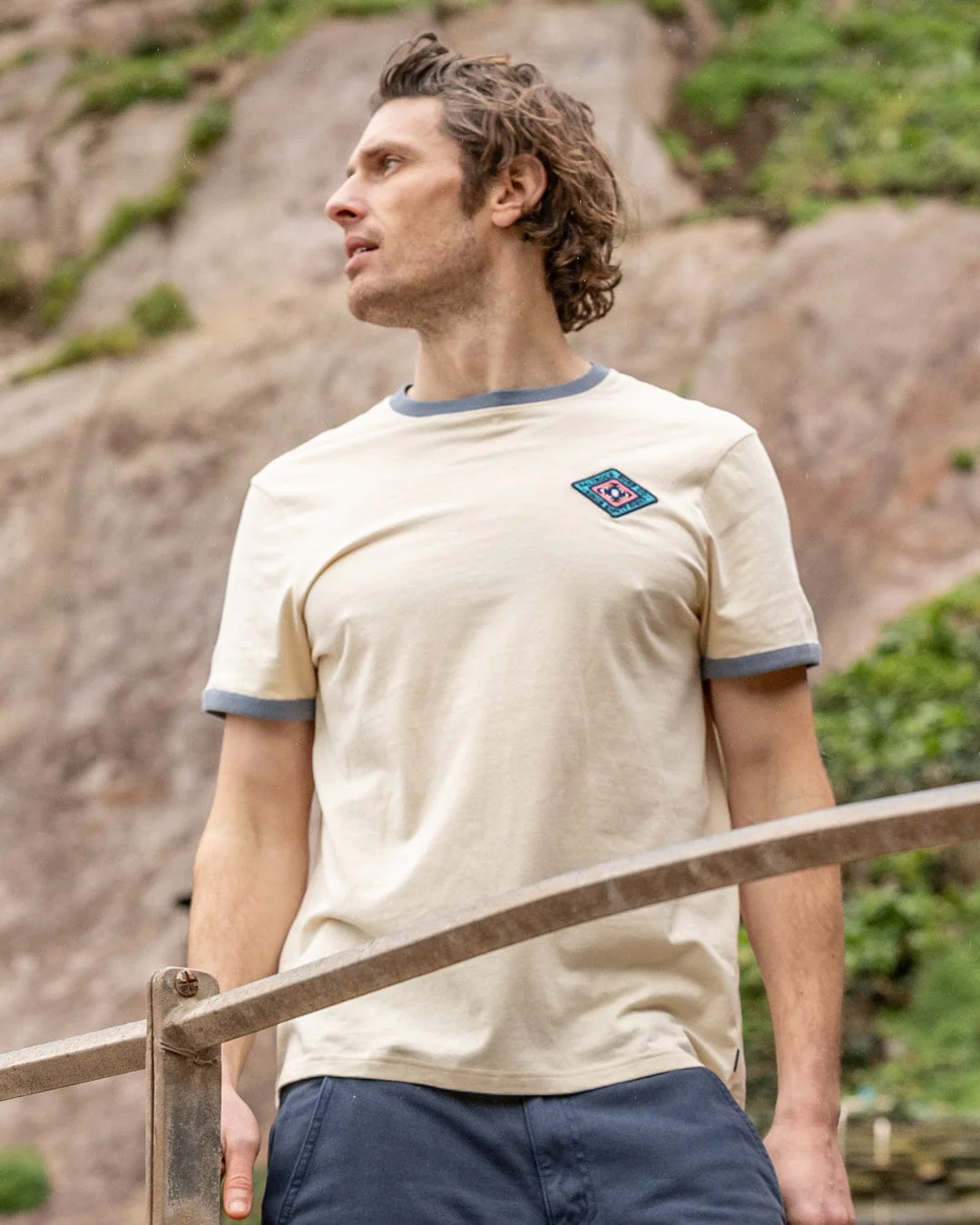 Offshore Ringer Mens Short Sleeve T-Shirt in Cream - Image 3
