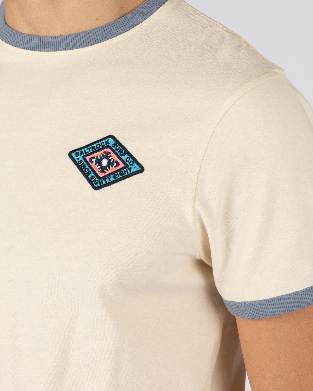 Offshore Ringer Mens Short Sleeve T-Shirt in Cream - Image 4