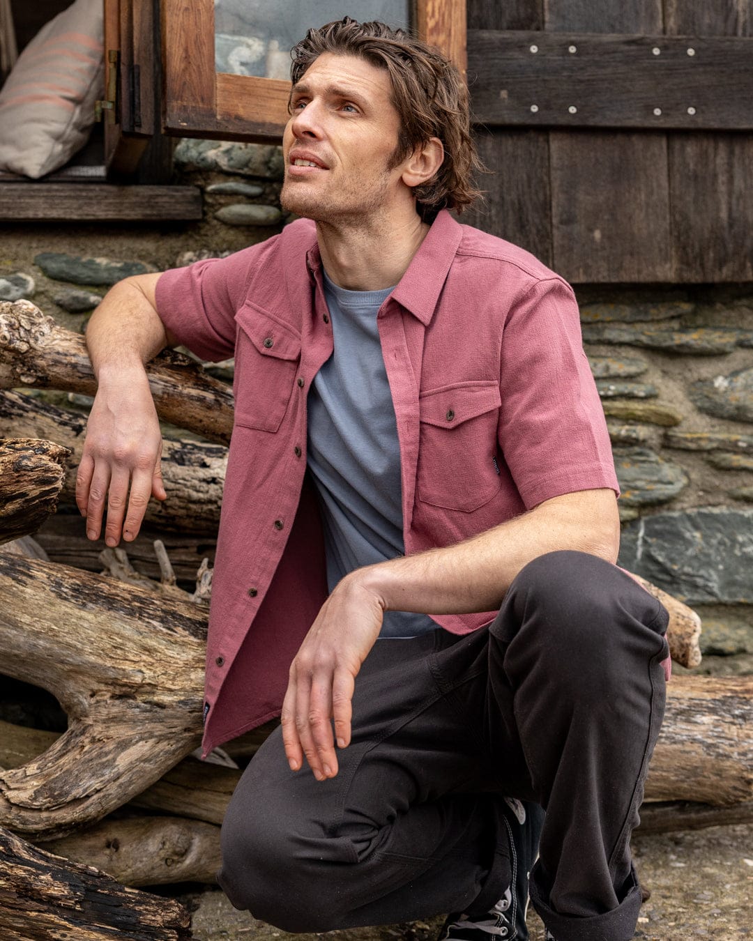 Polperro Mens Short Sleeve Shirt in Dark Pink