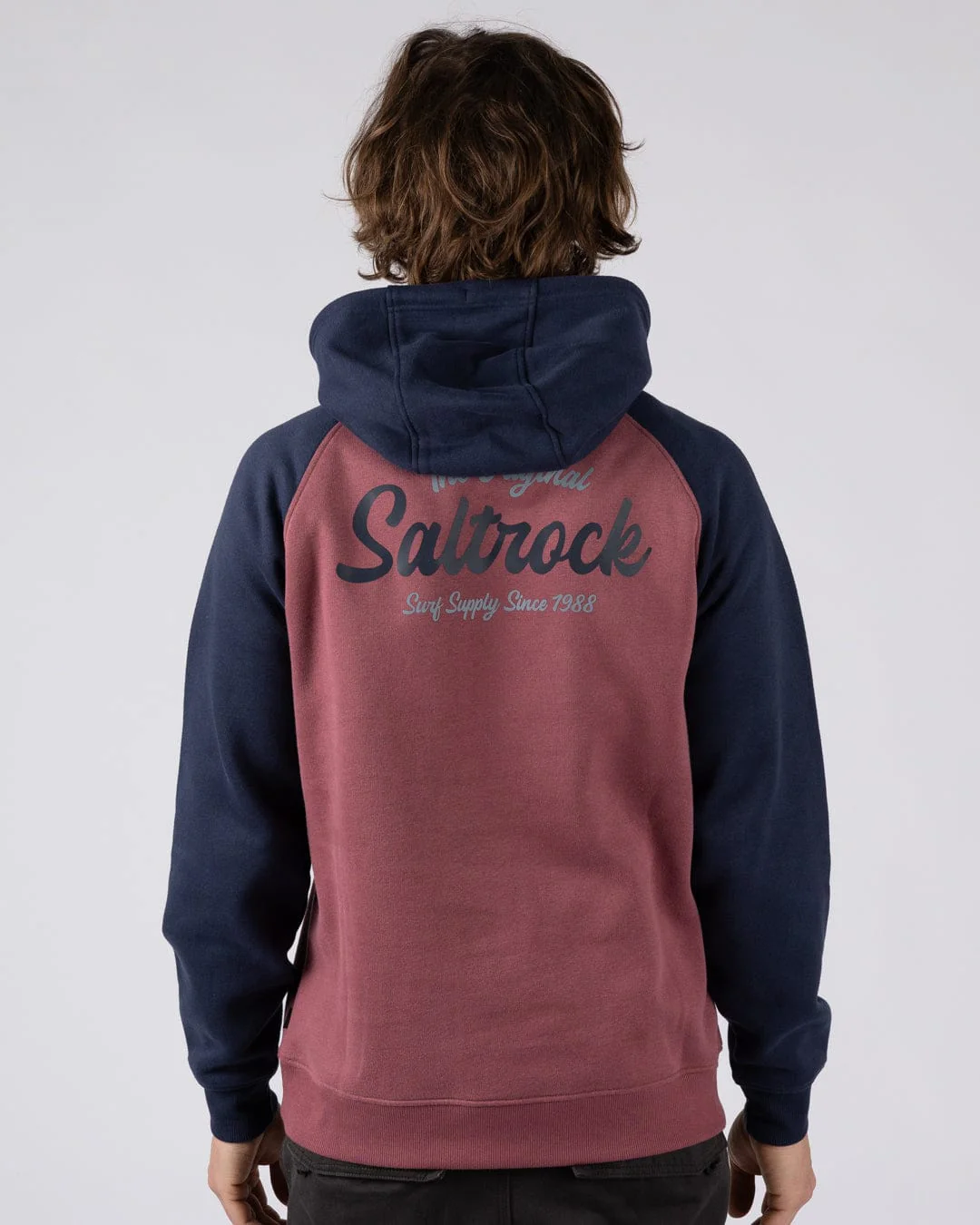 Postcard Script Mens Raglan Pop Hoodie in Dark Pink/Blue - Image 3