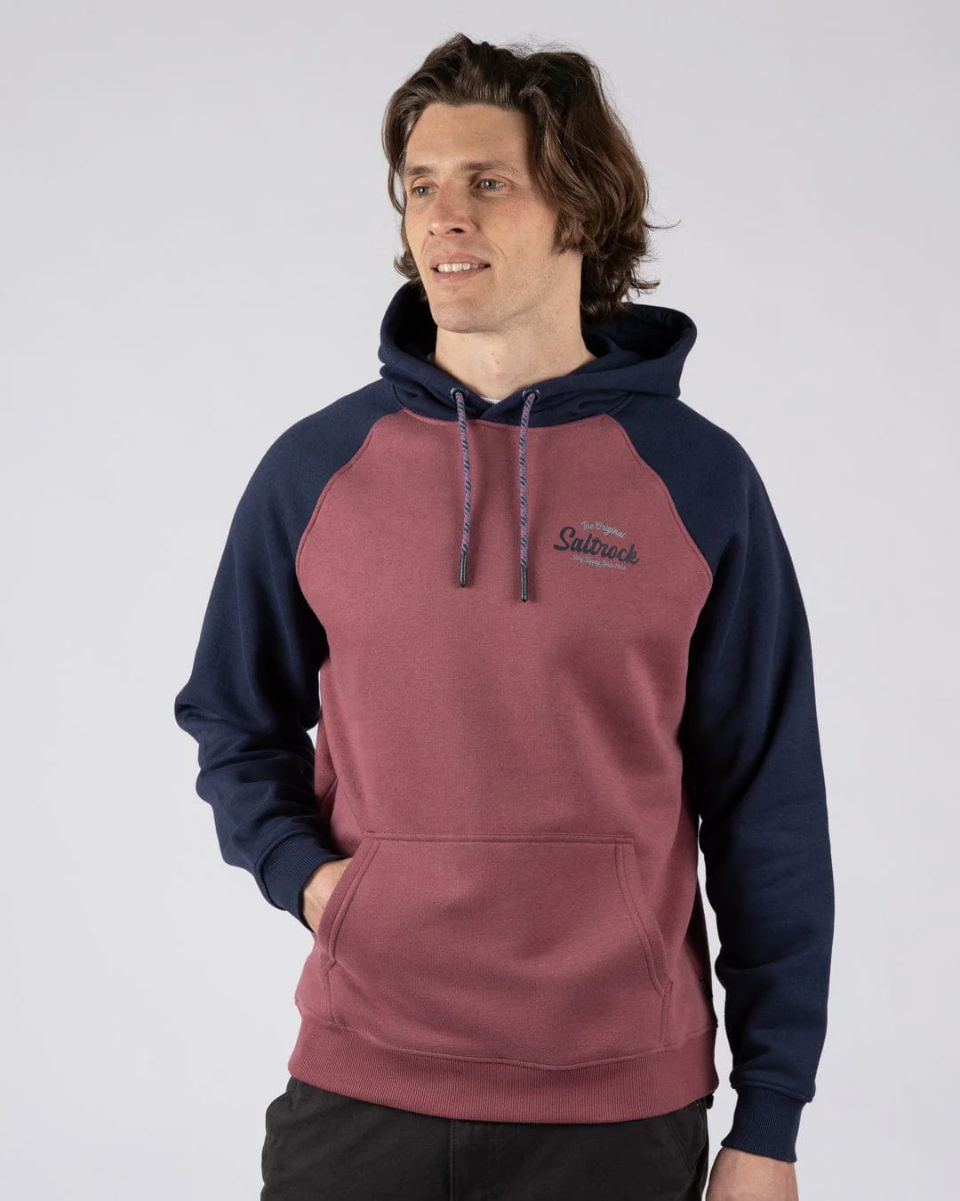 Postcard Script Mens Raglan Pop Hoodie in Dark Pink/Blue - Image 4