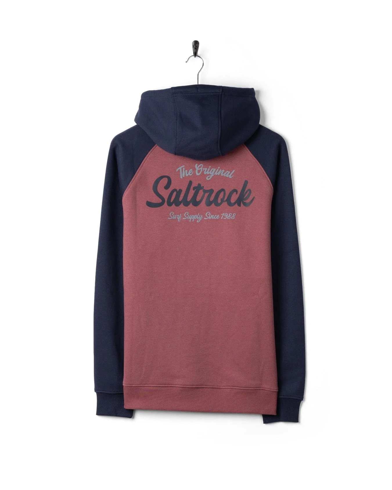 Postcard Script Mens Raglan Pop Hoodie in Dark Pink/Blue - Image 7