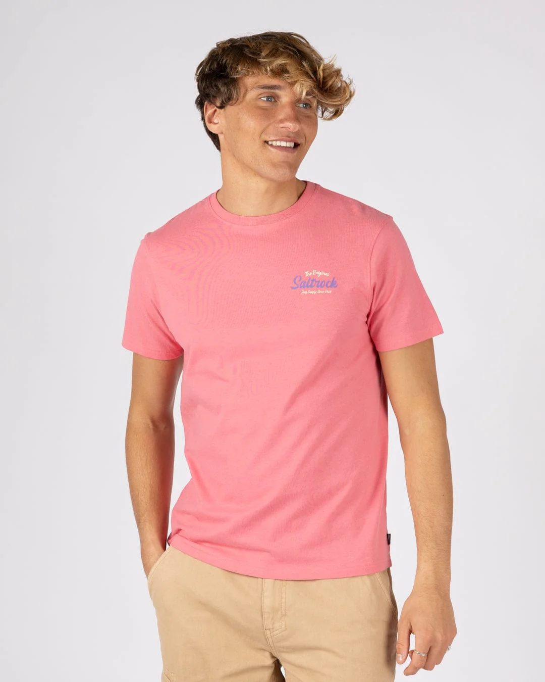 Postcard Script Mens Short Sleeve T-Shirt in Bright Pink - Image 2
