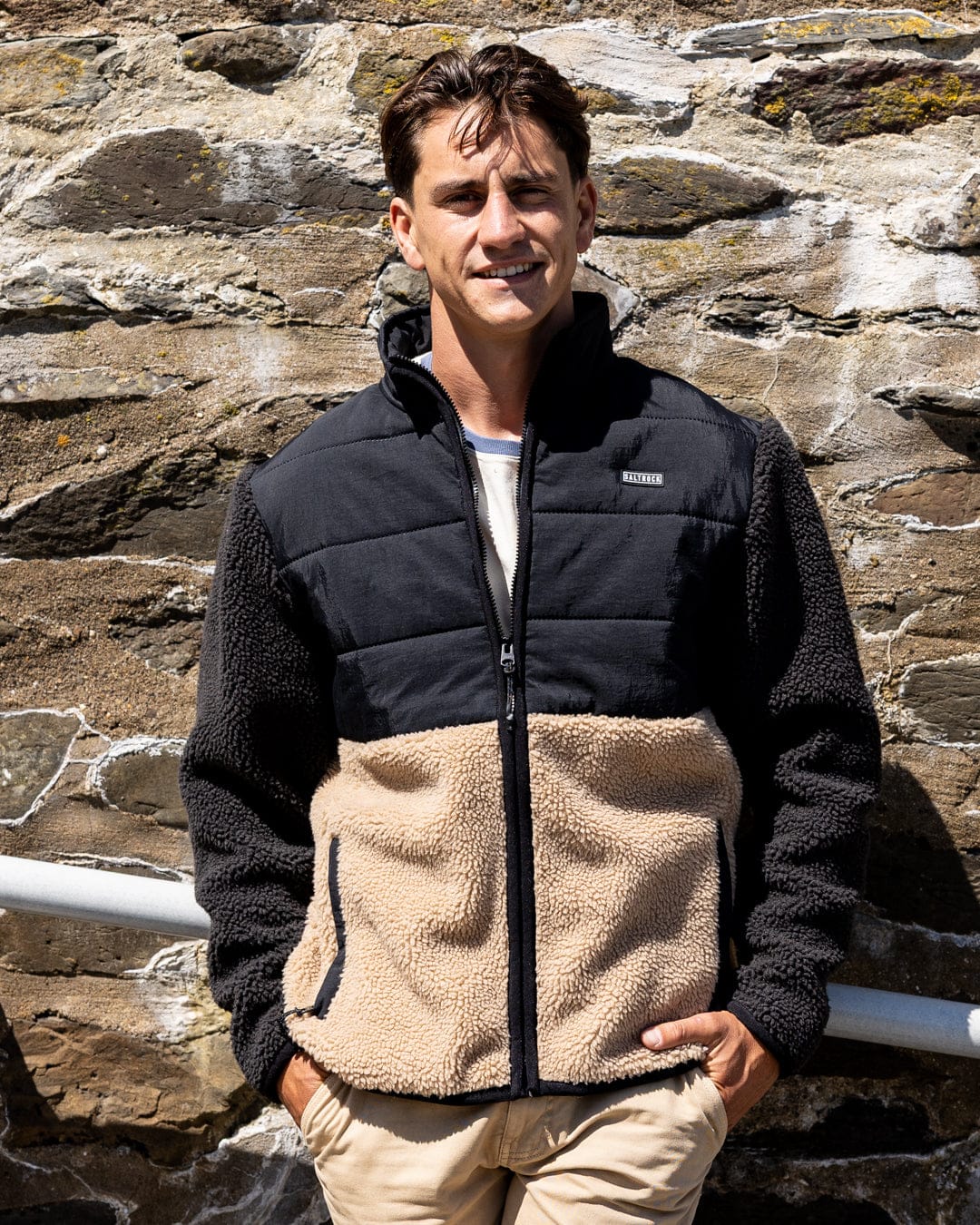 Rafe Mens Zip Fleece in Black/Beige - Image 3