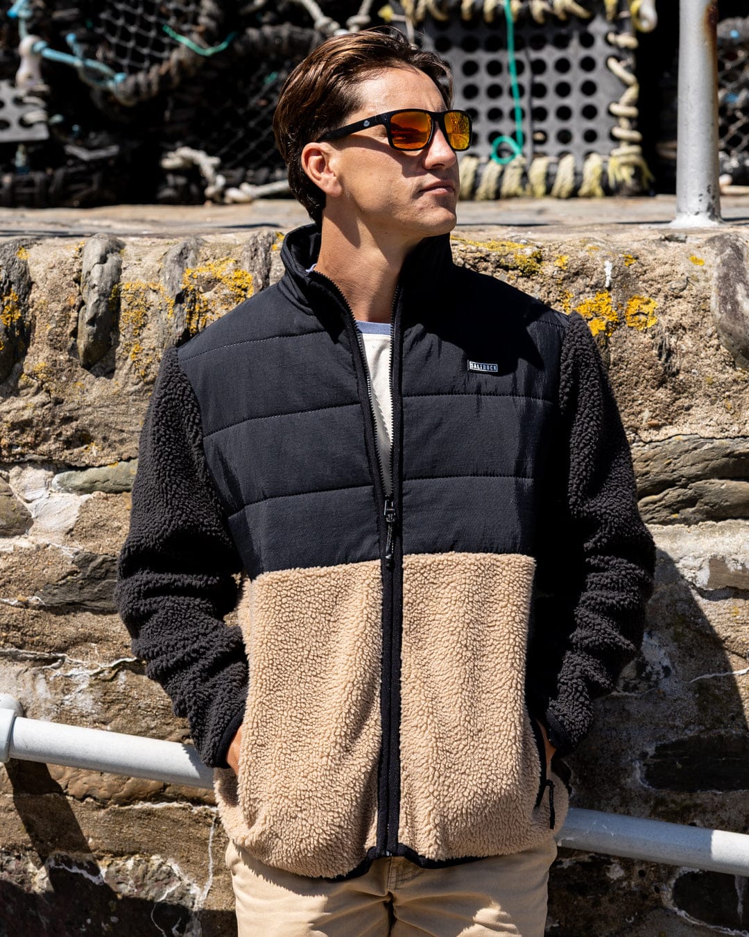 Rafe Mens Zip Fleece in Black/Beige - Image 6