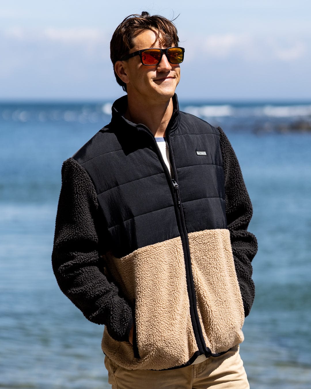 Rafe Mens Zip Fleece in Black/Beige - Image 8